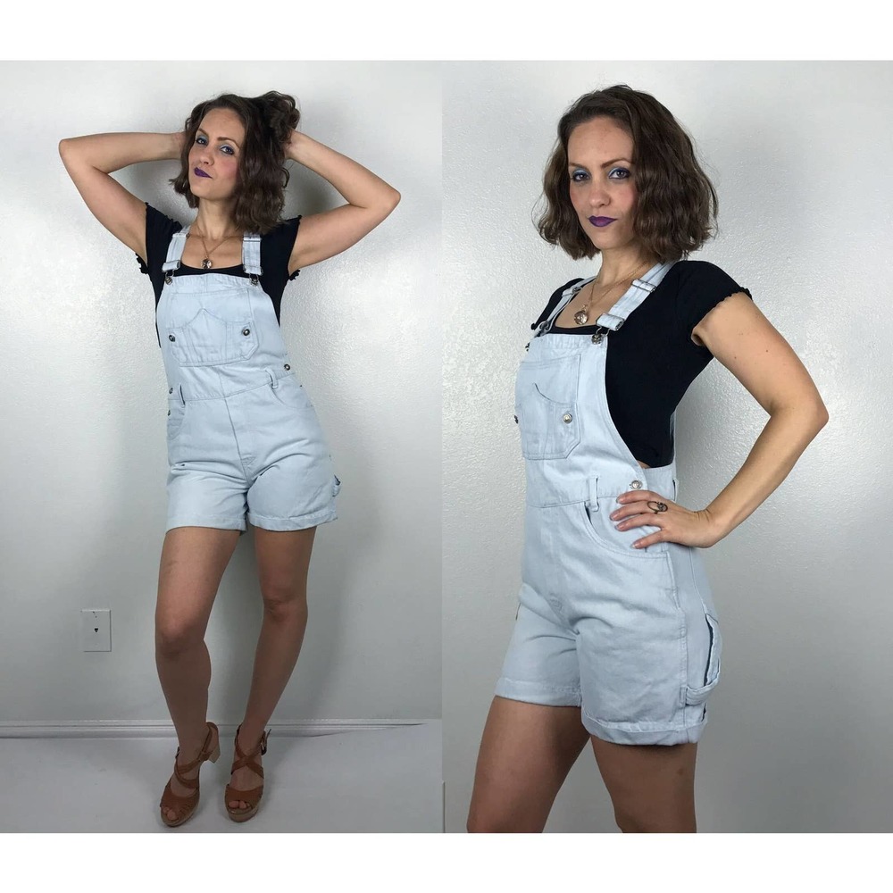 vintage 90s Light Wash DENIM Lace Up SHORT OVERALLS bib overalls L.A Blues jeans